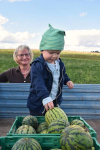 begeisteter 2jähriger Sohn sortiert mit Verena-Oma Melonen